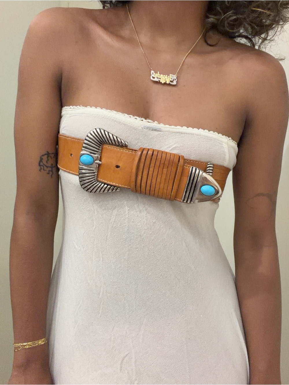 Vintage Tan Leather Turquoise Accent Wide Women’s Belt